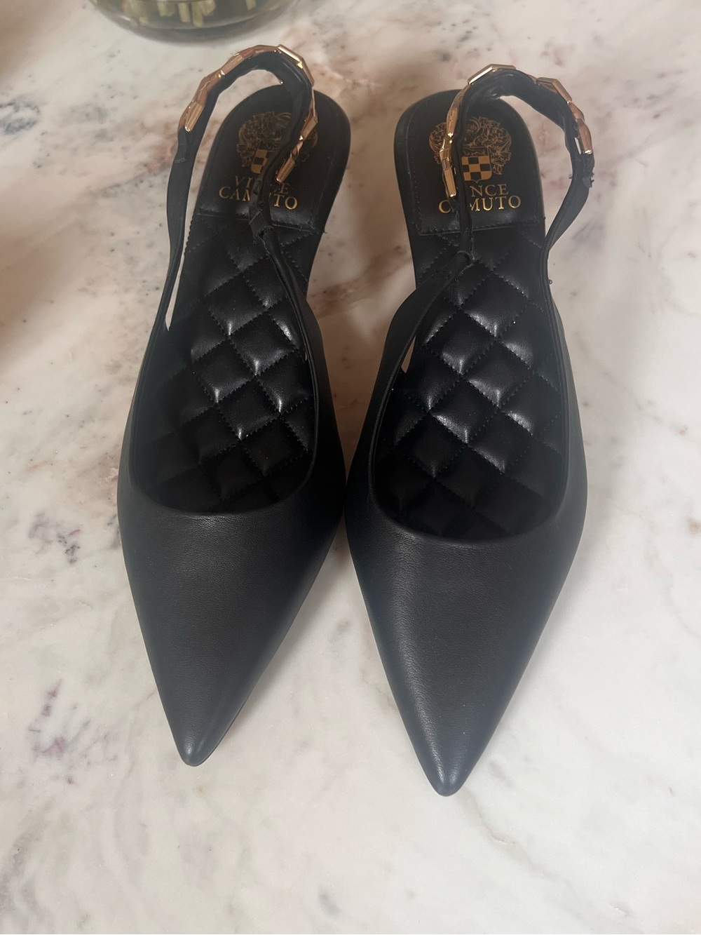 NWOT Vince Camuto Black Pointed Slingback Flats with Gold Buckle